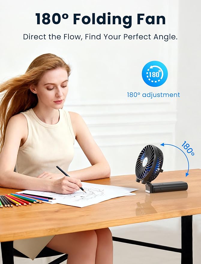 HandFan 5200mAh Portable Handheld Fan Rechargeable - 3 Speeds Foldable Personal Cooling, 2-IN-1 Hand Held Fan Battery Operated, 20H Runtime for Travel/Summer/Concerts/Women (Black&Blue)