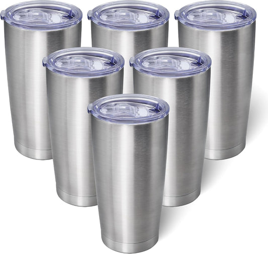 20oz Tumbler Bulk Stainless Steel Tumblers with Lid Vacuum Insulated Double Wall Travel Coffee Mug Powder Coated Tumbler Cup for Hot and Cold Drinks(Stainless Steel, 6 pack)