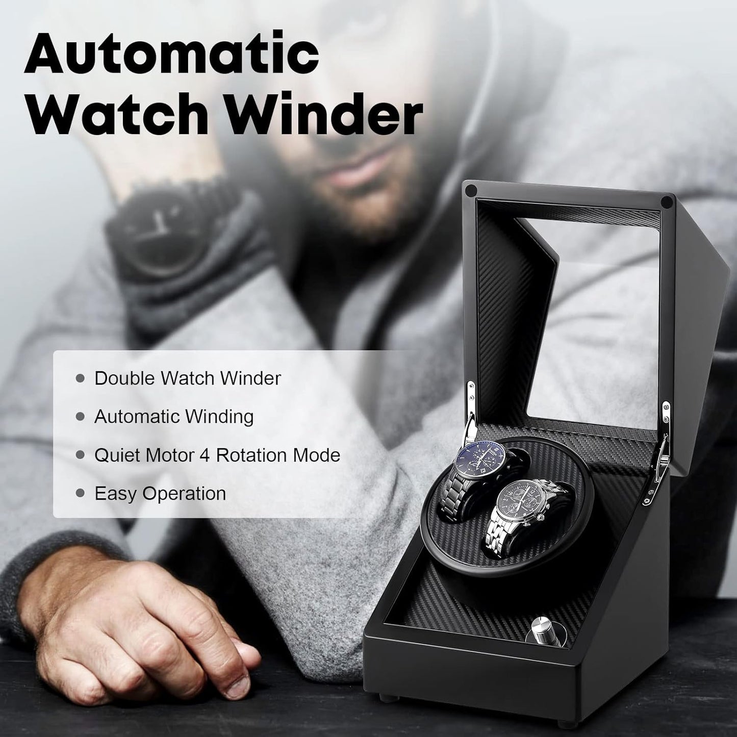 Uten Automatic Double Watch Winder Box, Luxury Wooden Storage Case for Mechanical Watch Winder with Quiet Motor 5 Rotation Mode, Black.