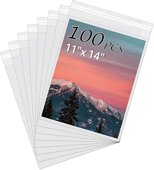 Acid-Free Picture Sleeves, 100Pack Crystal Clear Storage Bags for 11x14 Art Prints, Pictures, Photos, Frame Mats (Bag Size: 11 3/8" x 14 1/3")