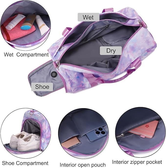 Dance Bag for Girls Sports Gym Bag for Girls Teen Travel Duffel Bags Waterproof Tie-dye Purple Overnight Duffel Bag with Shoe Compartment Ballet Gym Bag