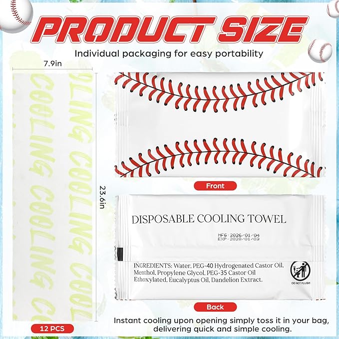 Frienda 12 Count Disposable Cooling Towel, 23.6''x 7.9'' Large Cooling Body Wipes, Baseball Basketball Softball Soccer Ice Towel for Hot Weather, Individually Wrapped for Sport Player (Baseball)