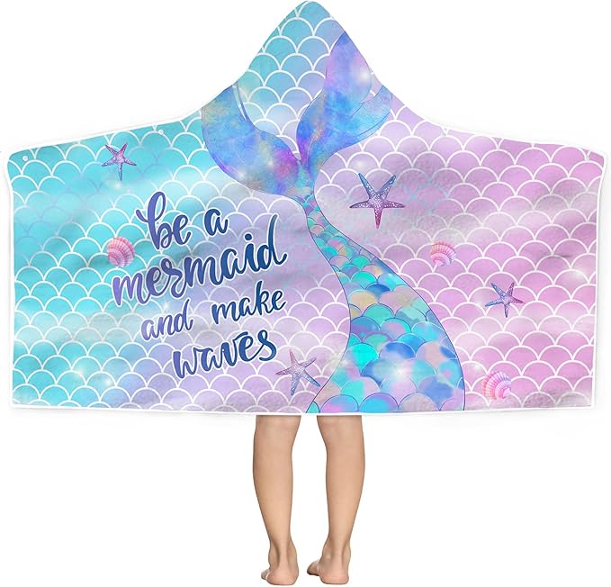 Bonsai Tree Mermaid Hooded Beach Towel,Kids Little Mermaid Tail Poncho Towel for Girls,Quick Dry 30”x50” Pink Bath Towel for Pool Swiming