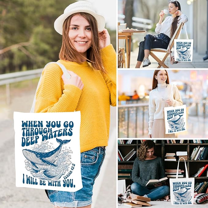 Floral Beach Whale Shark Gifts Jellyfish Christian Canvas Tote Bag for Work Totes for Women Christmas Bible
