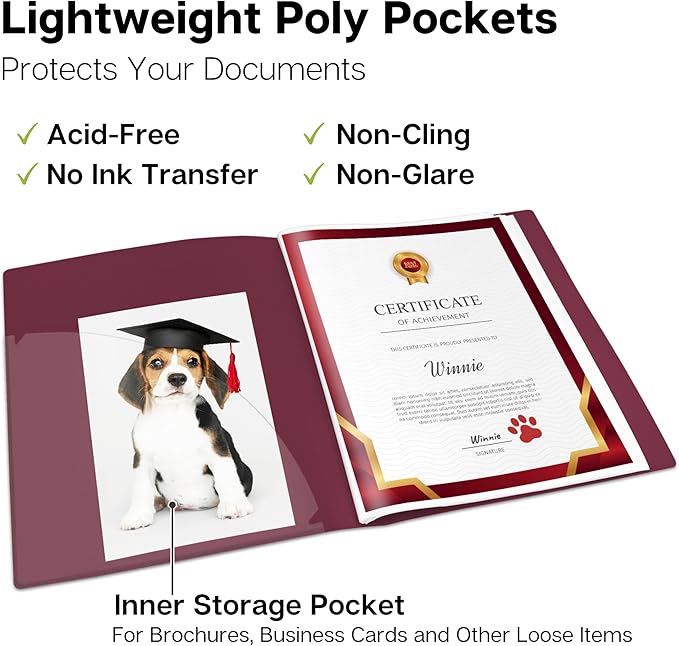 Dunwell Presentation Binder 12-Pocket, Displays 24 Pages, 8.5x11 Portfolio Binder with Plastic Sleeves, Storage and Organizer for Documents, Certificates, Projects, Photos (Ruby)