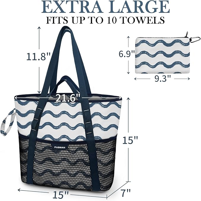 Large Beach Bag with Zipper-8 Pockets Sandproof Beach Tote Bag for Women,Foldable Lightweight Family Swim Bag Vacation
