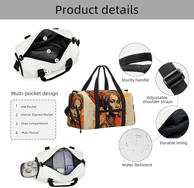 Sports Gym Bag Ethnic Bohemian African Woman Art Painting Travel Duffel Bag With Shoe Compartment Shoulder Strap, Lightweight Water-Resistant Weekend Overnight Totes For Women Men