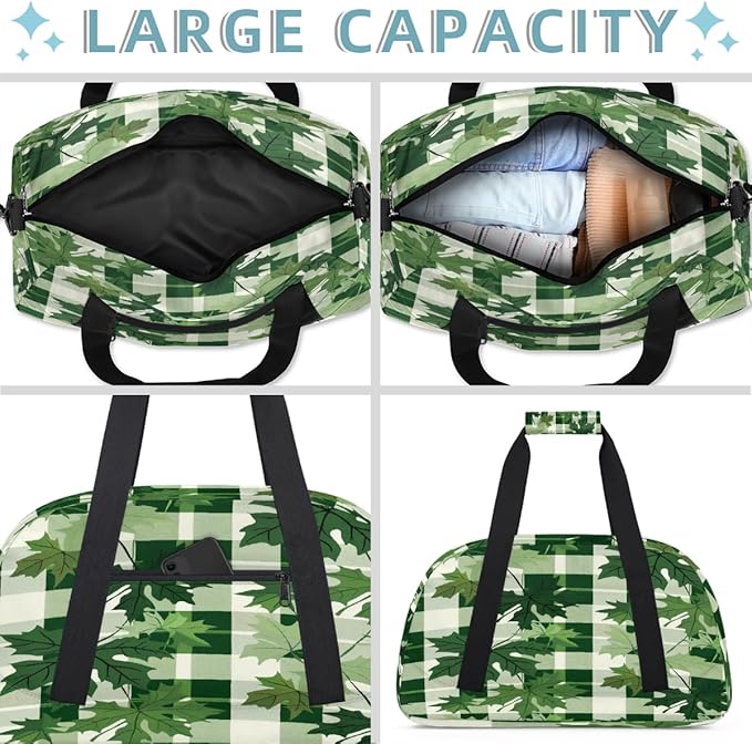 Sports Duffel Bags, Green Checkered Maple Leaves Water-Resistant Gym Duffle Bag for Men Women, Lightweight Weekender Overnight Bag for Fitness, Workout, Travel
