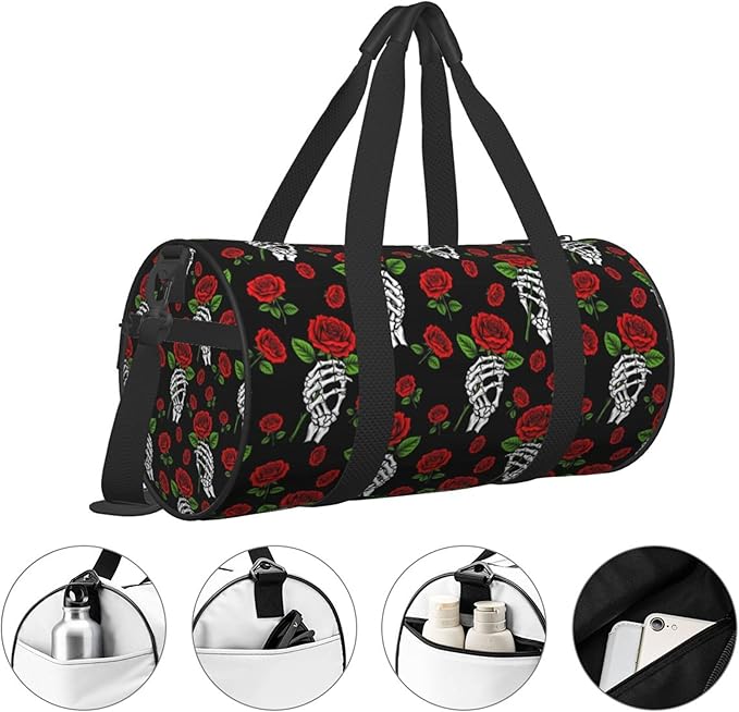Small Yoga Bag Foldable for Women Mini Gym Duffle Bag Gothic Skull Skeleton Hand Holding Red Rose for Travel Sports Workout