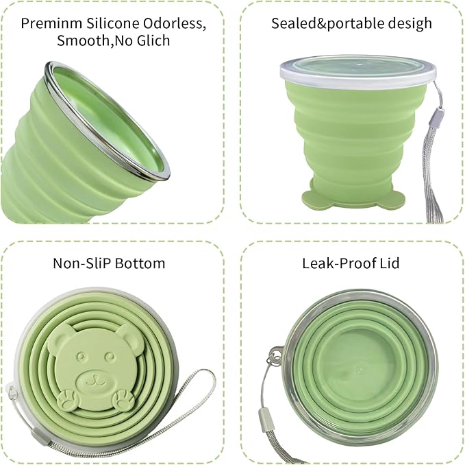 2 Pcs Collapsible Cups, Silicone Collapsible TravelCup, Expandable Folding Camping Drinking Cup with Lids Reusable Small Portable Mugs-Cup for Travel, Camping, Hiking,Outdoors (Grey&Green)