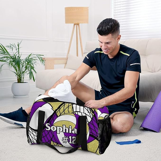 Custom Volleyball Purple Gold Duffel Bag with Name Personalized Travel Bags Sport Gym Bag Carry On Weekender Bags for Men Women