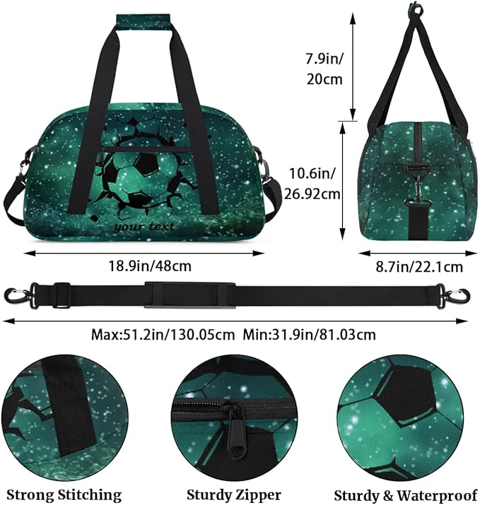 Personalized Boys Gym Bags, Custom Name Sport Bags for Training Travel Overnight Weekender Green Soccer
