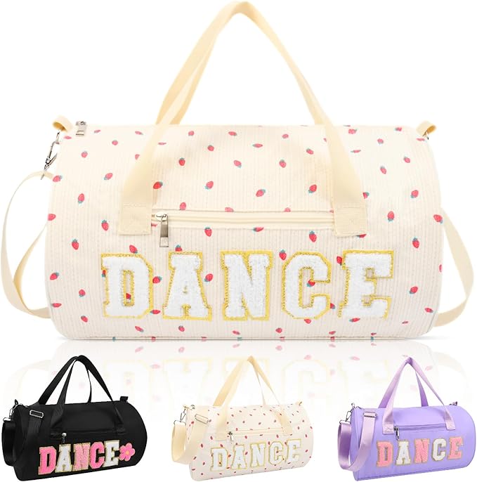 Dance Bag for Girls, KUIRAN 23L Waterproof Travel Duffel Bag with Colorful Chenille Letter, Lightweight Small Gym Sport Ballet Weekender Bag with Large Main Compartment - White/Gold
