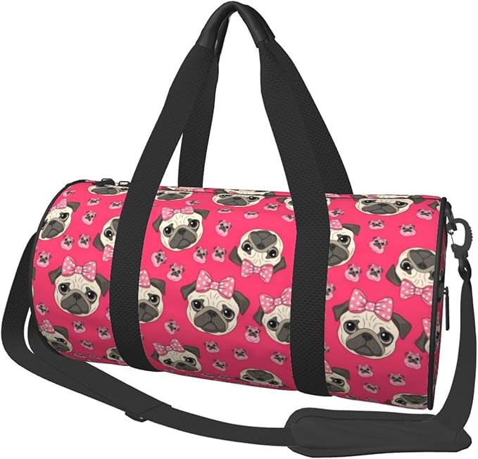 Womens Gym Tote Duffle Bag Cartoon Pug Dog Pink, Sports Overnight Weekender Workout Carry on Bag Ideal for Travel, Swimming, Dance