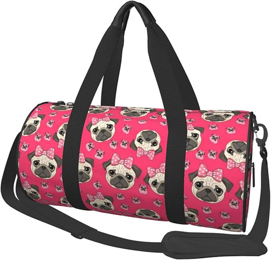 Womens Gym Tote Duffle Bag Cartoon Pug Dog Pink, Sports Overnight Weekender Workout Carry on Bag Ideal for Travel, Swimming, Dance