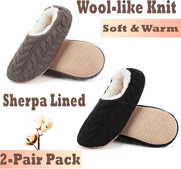 Cozylook 2-Pair Women's Soft Sole Slipper Socks with Grippers, Thick Warm Cozy Sherpa Lined Home Socks Set, Cable Knitted Non-slip Fluffy Winter House Bedroom Slippers