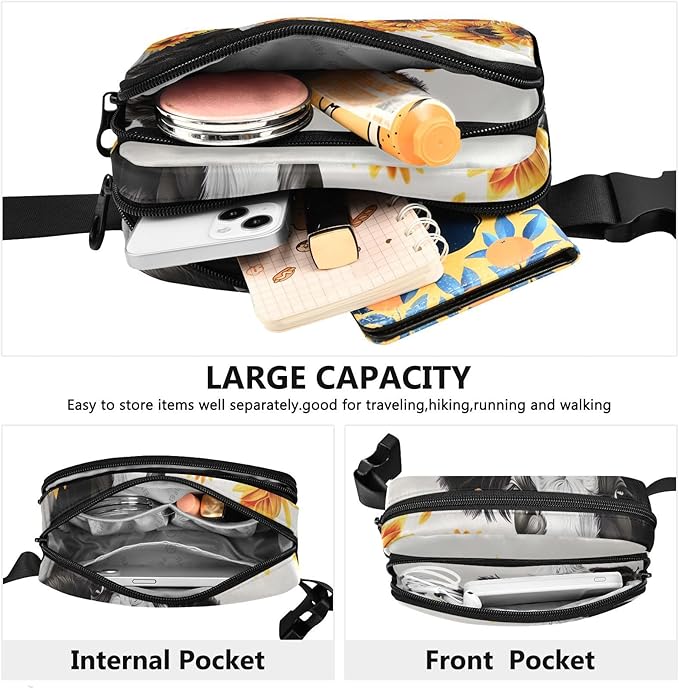 Kawaii Cow Sunflower Fanny Pack for Women Men Water Resistant Fashion Waist Packs with Adjustable Strap Belt Bag for Travel Workout Jogging Hiking 21220226