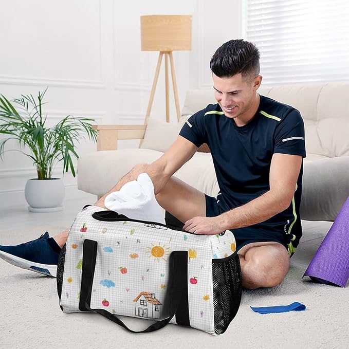 Cute Drawing Grid Paper Duffle Bag Gym Bag for Workout Travel Tote with Detachable Straps