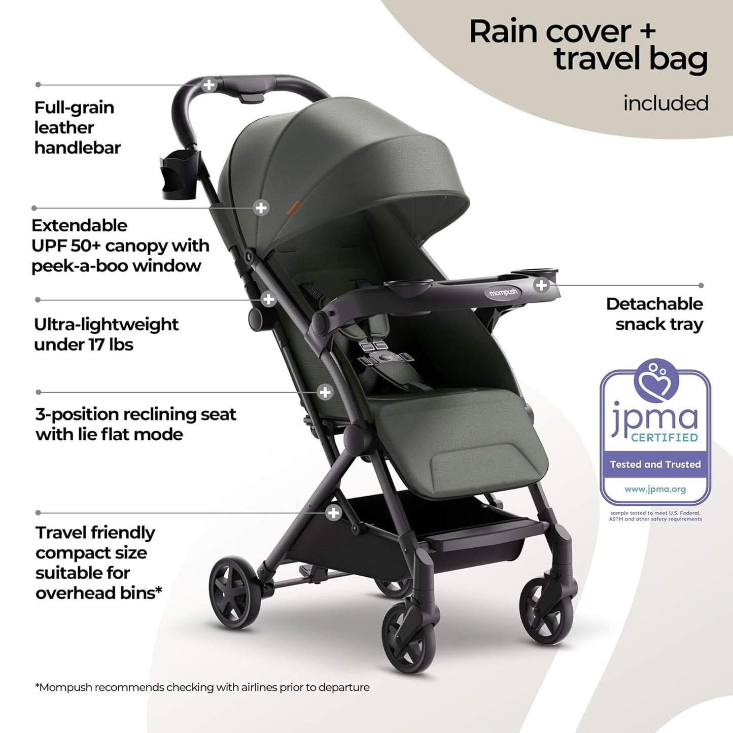 Mompush Lithe V2 Lightweight Travel Stroller, Compact Foldable Baby Stroller with Travel Bag, One-Hand Fold Stroller, Snack Tray, Mechanical Recline Seat, Airplane-Ready, UPF 50+ Canopy & Rain Cover