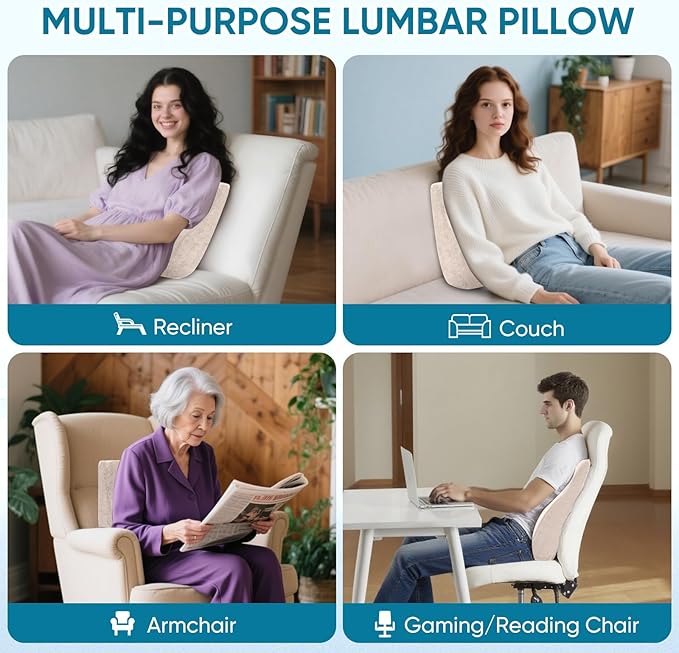 Lumbar Support Pillow for Recliner Chair and Couch, Memory Foam Back Cushion Ergonomic Large Back Support Pillow for Lower Back Pain Relief, with Soft Velvet