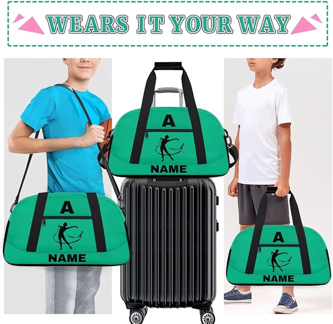 Personalize-Kids-Sports-Duffel-Bags With Custom Name Text Carry-On Overnight Travel Gym Lightweight Dance Pattern Sports Bags For Girls Boys Kids,Green