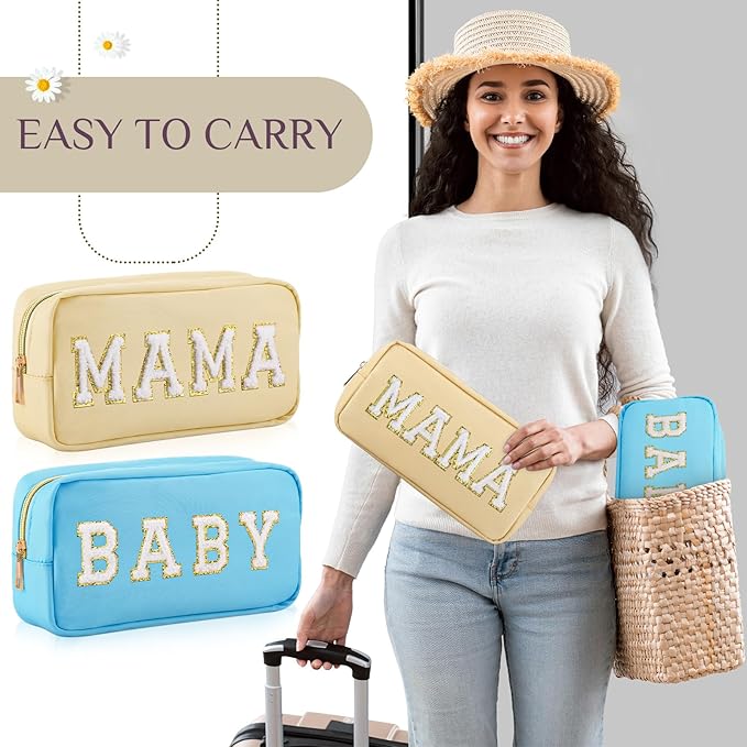 Sanwuta 2 Pieces Mama Gifts Makeup Bag Mom Pouch Birthday Gifts Nylon Cosmetic Bag Mothers Day Appreciation Toiletry Preppy Patch Chenille Letter for Women Her New Mom(Blue, Beige,Baby and Mama)