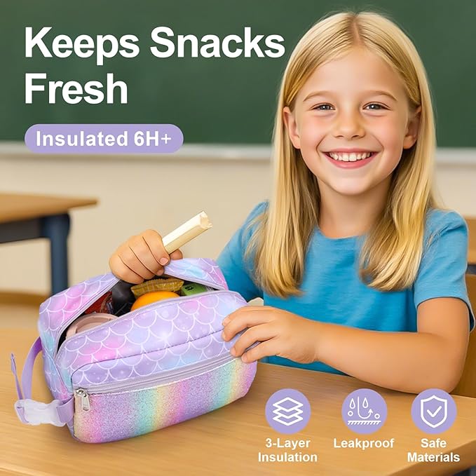 Bagseri Kids Snack Bag Girls - Small Reusable Mini Cooler Pouch, Insulated 3.9L Food Carrier with Buckle Handle for School and Daycare, Fits in Backpack, Glitter Mermaid Scale