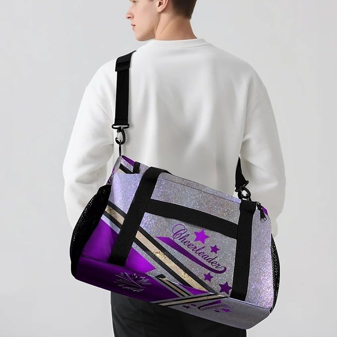 Personalized Name Travel Bag Sports Player Duffel Bags Purple Cheerleader Silver Glitter Print Perform Training Bag for Men Women Adjustable Shoulder Strap