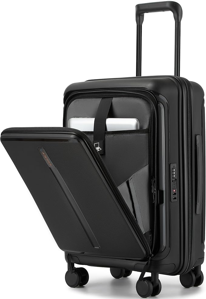 20“ Expandable Carry on Luggage Front Opening, 22x14x9 Airline Approved Hardshell Spinner Suitcase with Wheels, TSA Lock, Lightweight Travel Luggage (Black, 20 inch)