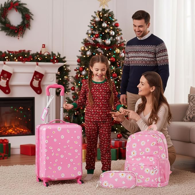 Redbaker 17 Inch 6 Pcs Kids Luggage Set Kids Rolling Luggage Double Pattern Suitcase for Boys Girls (Light Pink, Leopard Print Style)