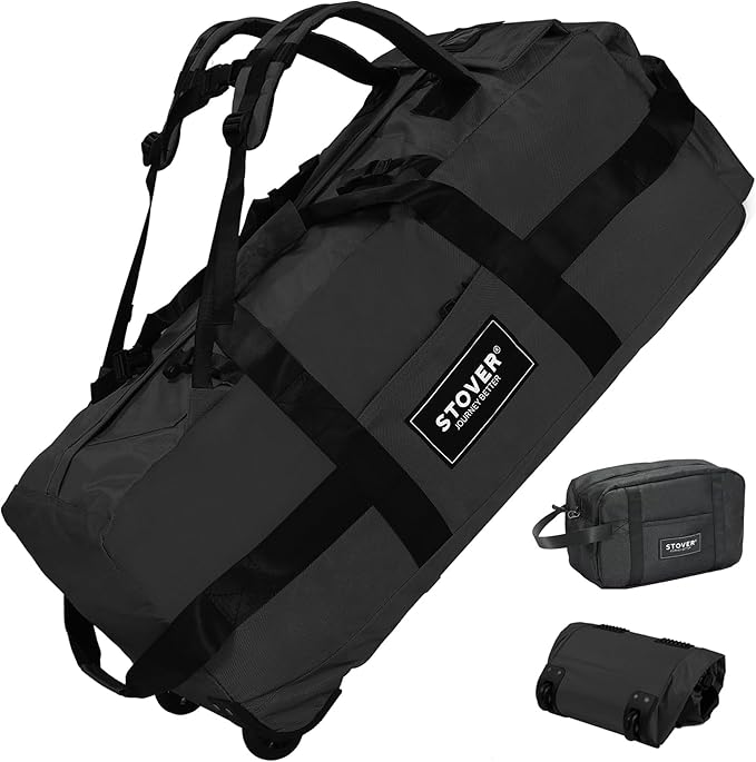 STOVER 100L Rolling Duffel Bag with Wheels, X-Large Durable Travel Duffle + Toiletry Bag, Heavy Duty, Packable with Shoulder Straps- Use as Luggage or Backpack, Men/Women (Black)
