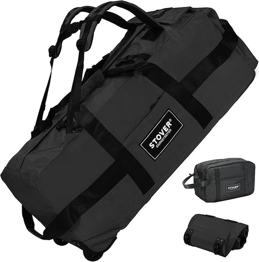 STOVER 100L Rolling Duffel Bag with Wheels, X-Large Durable Travel Duffle + Toiletry Bag, Heavy Duty, Packable with Shoulder Straps- Use as Luggage or Backpack, Men/Women (Black)