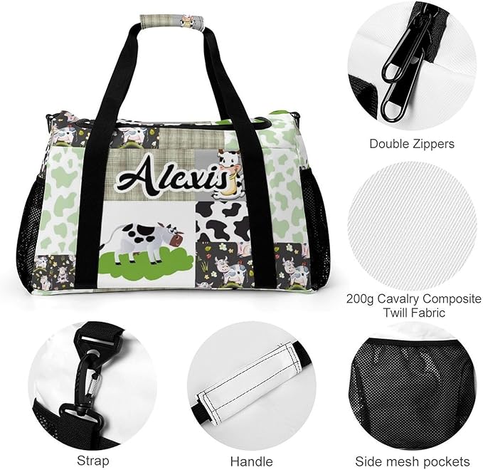 Green Lattice Patchwork Cow Print Waterproof Duffel Bag Adjustable Shoulder Strap Perform Training Travel Bag for Teens Adults Women Men Tote Bag