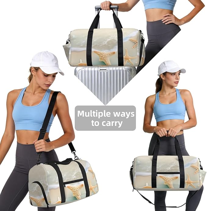 Beach Starfish Print Gym Bag with Shoe Compartment for Women Men, 17.7in Sports Duffle Weekender Tote, Overnight Travel Duffel Bag Carry On