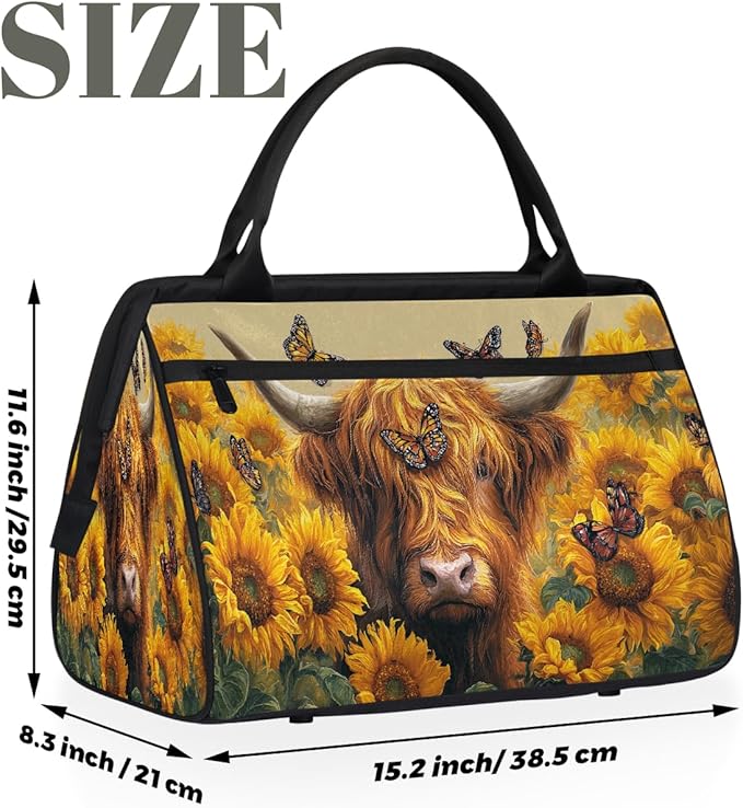 Sunflower Cow Butterfly Travel Duffel Bag, Waterproof Sports Gym Duffle Bag, Large Capacity Weekender Carry On Overnight Bags for Women Men