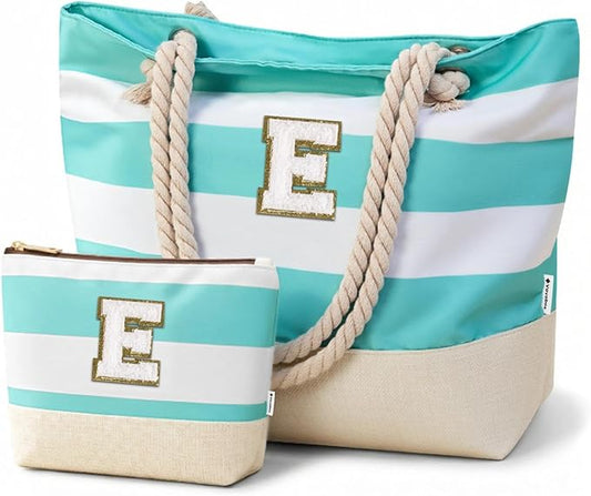 Vavabox Initial Beach Tote Bag for Women, Water-resistant Foldable Travel Beach Bag Set, Birthday Gifts for Women Mom