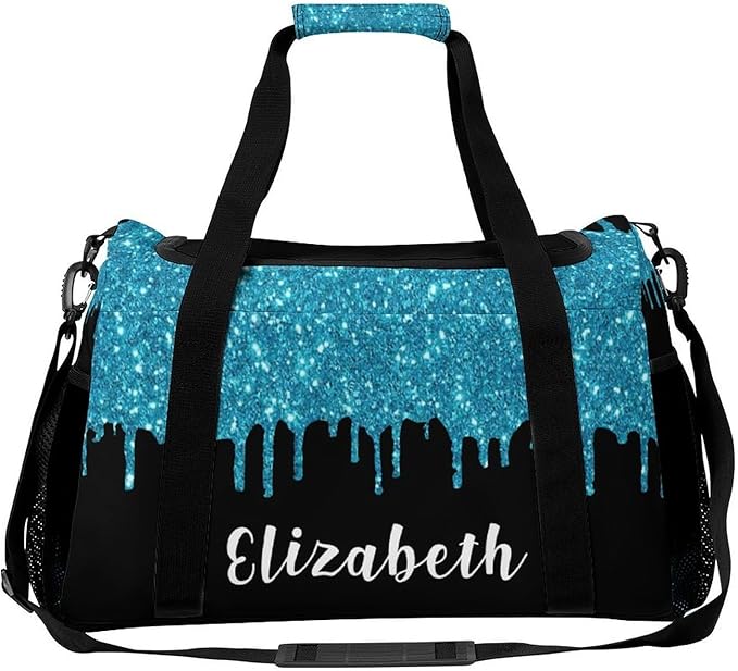 Custom Teal Blue Bling Sequin Print Duffel Bag with Name Adjustable Shoulder Strap Casual Bag for Teens Adults Handheld Crossbody Travel Bag