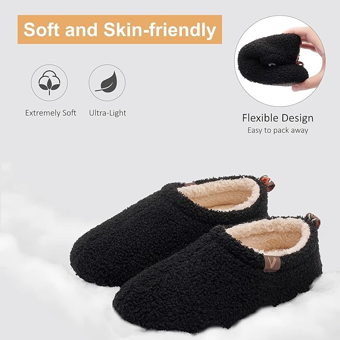 Women’s Fuzzy Memory Foam Slippers with Cozy Curly Fur and Warm Fleece Lining Closed Back Non-Slip House Shoes Lightweight Soft Comfy Indoor Bedroom Slippers