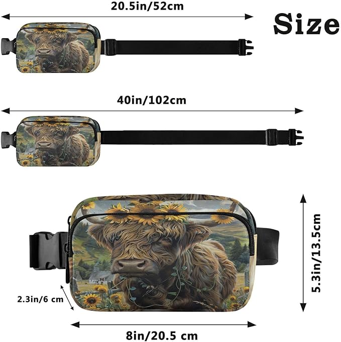 Highland Cow Sunflowers Fanny Pack for Women Men Water Resistant Fashion Waist Packs with Adjustable Strap Belt Bag for Travel Workout Jogging Hiking 21220115