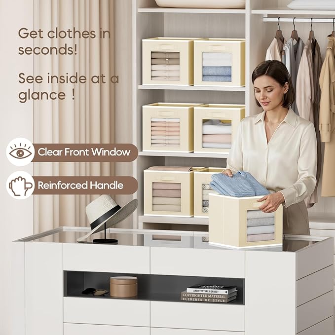 Storage Cube 11 Inch - Cube Storage Bins with Window, Closet Storage Baskets with Handle, Fabric Bins for Closet, Shelves, Toys, Clothes, Set of 14, Beige
