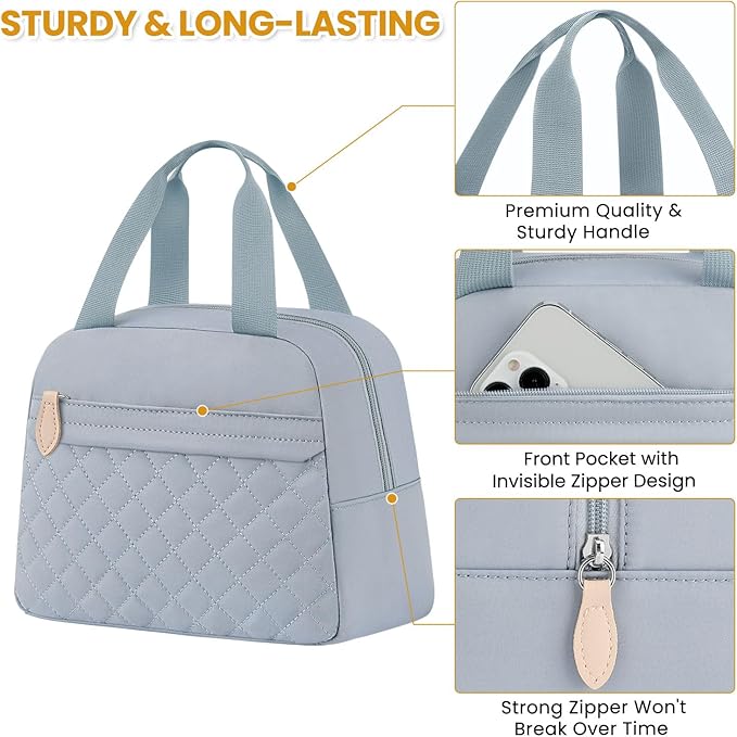 Insulated Lunch Bag for Women, Portable Lightweight Lunch Box for Adults, Reusable Small Lunch Tote Cooler Bags with Front Zipper Pocket for Work School Picnic(Light Blue)
