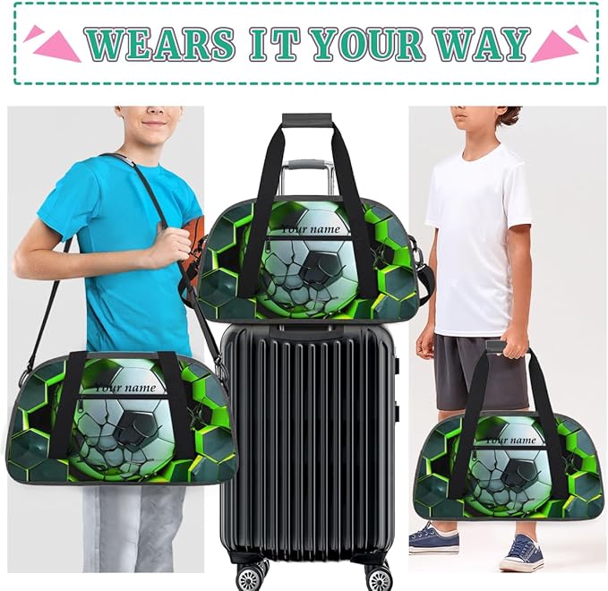 Custom Gym Bag Gray Green Soccer Personalized Outdoor Sports, Travel Carry-On Luggage and Dance Practice Designed Specifically for Boys and Girls