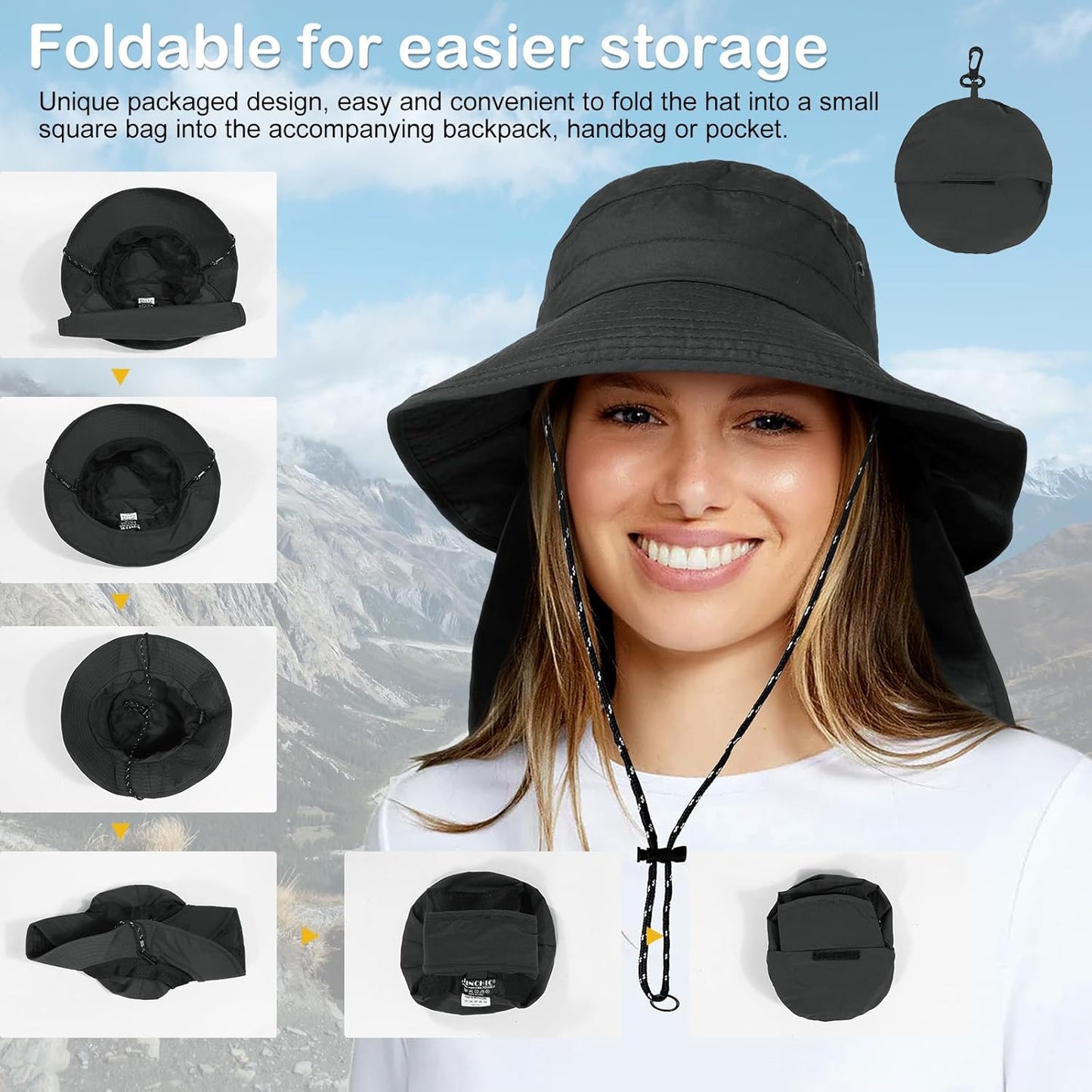 Water-Resistant Sun UPF 50+ Bucket Hat Protection Packable Brimmed Boonie for Women Men Summer Lightweight Hiking Outdoor Cap