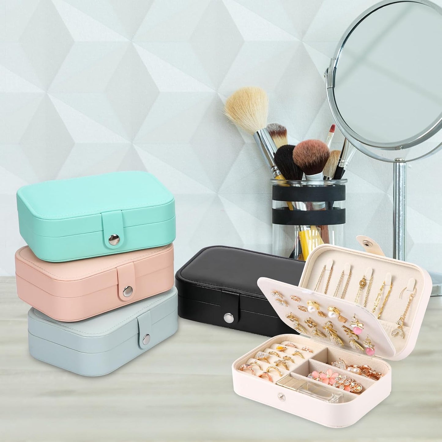 Travel Jewelry Box, PU leather Small Jewelry Organizer For Female Girls, double layer portable mini travel case for storing earrings, rings, necklaces.(Bright White 2pcs)