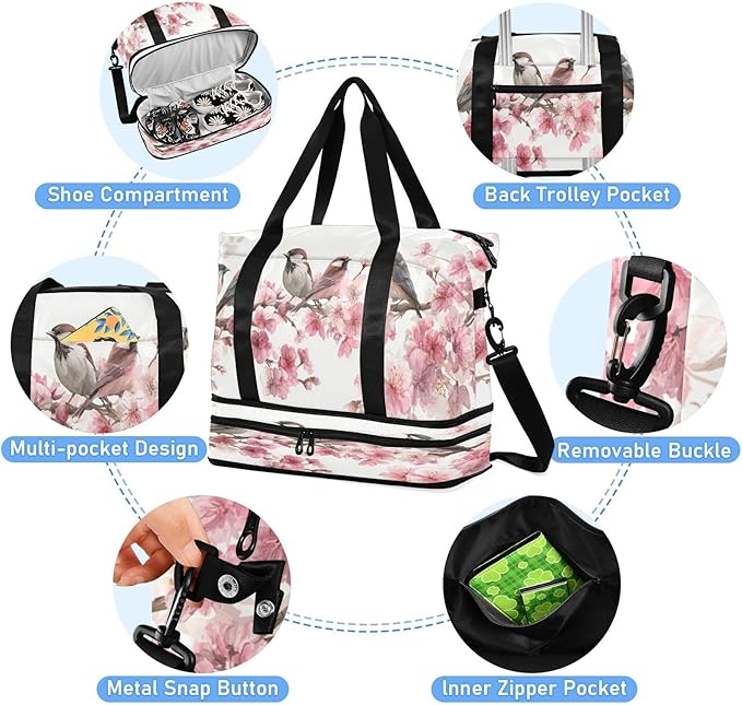 Travel Duffel Bags for Women Cute Songbirds on Cherry Blossom Branch Sports Duffel Bags Gym Bags with Shoes Compartment Tote Bag Weekender Bag for Travelling