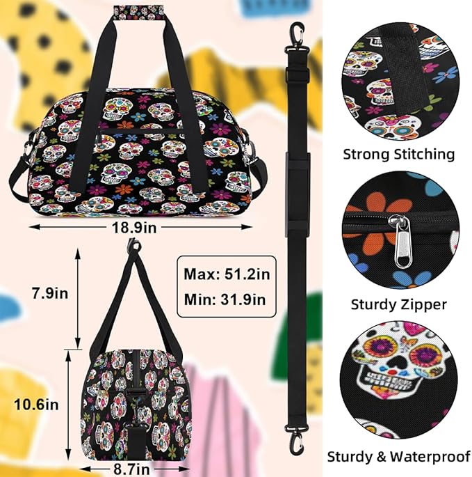 Travel Duffle Bag, Colorful Sugar Skull Pattern Waterproof Weekender Overnight Bags for Women Men Lightweight Carry on Duffle Gym Bag for Travel, Sports, Fitness, Workout