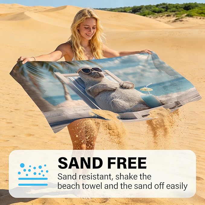 SARA NELL Seal Beach Towel, Cool Seal with Sunglasses and Drink Print, Summer Pool Beach Towel for Vacation Travel, Quick Dry Lightweight, 32"x52"
