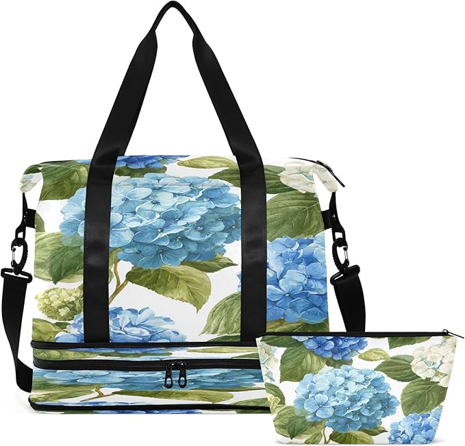 Travel Duffel Bags for Women Watercolor Hydrangea Floral Sports Duffel Bags Gym Bags with Shoes Compartment Tote Bag Weekender Bag for Travelling