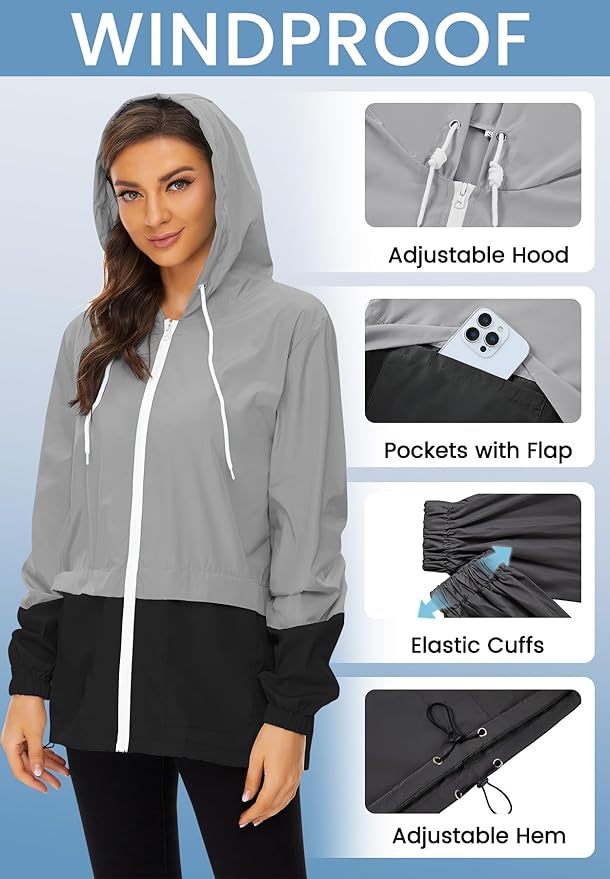 Zando Lightweight Rain Jacket Women Waterproof - Raincoat for Women Packable Rain coat Hooded Windbreaker for Travel Outdoor