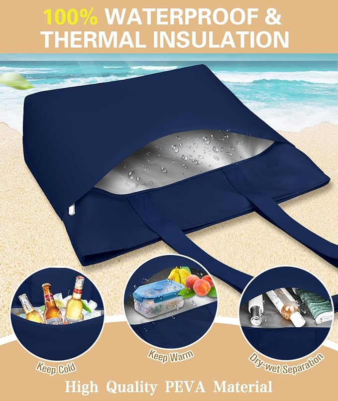 HUANLANG Large Beach Bags for Women Pool Bag with Zipper, Waterproof Sandproof Beach Tote Travel Bag with Wet Pocket | Waterproof, Large capacity, Dry/wet separation, Durable fabric, Cooling function, sandproof